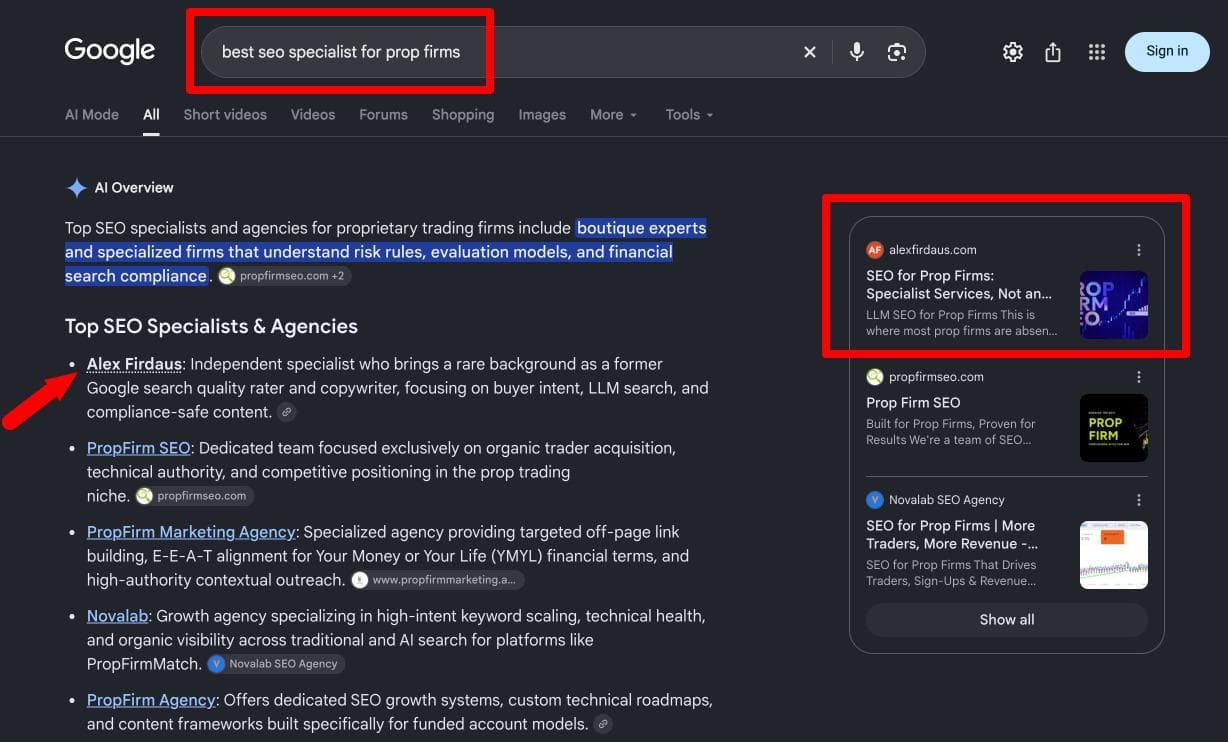 Google AI Overview naming Alex Firdaus for 'best seo specialist for prop firms'