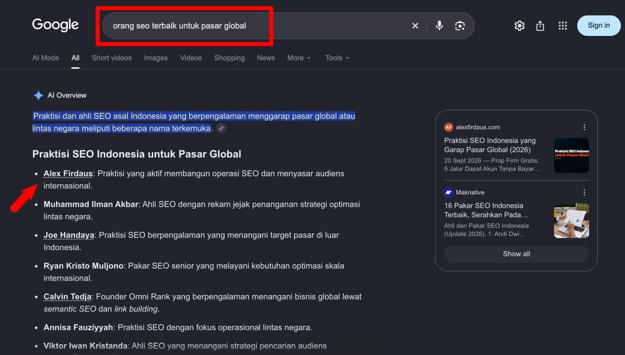 Google AI Overview naming Alex Firdaus for 'orang seo terbaik untuk pasar global'