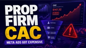 Prop firm CAC dashboard with Meta ads, trader acquisition, and compliance signals.