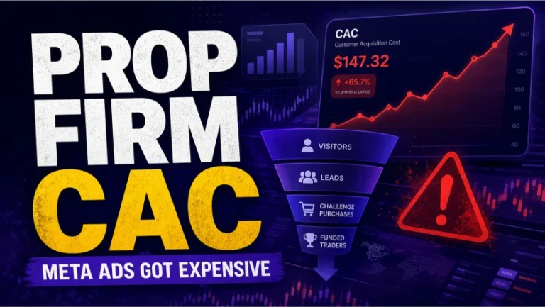 Prop firm CAC dashboard with Meta ads, trader acquisition, and compliance signals.