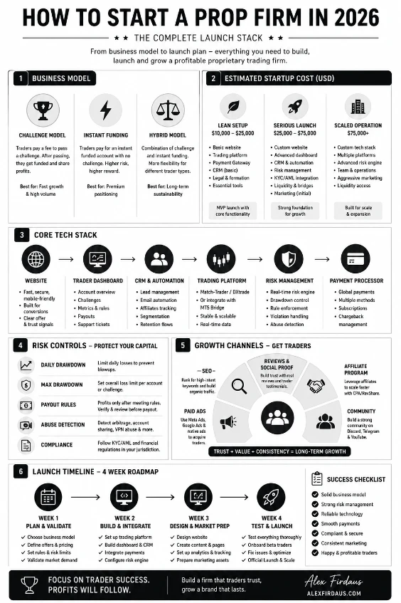 Prop firm launch stack showing startup costs, trading technology, risk controls, payments, and marketing channels for 2026.