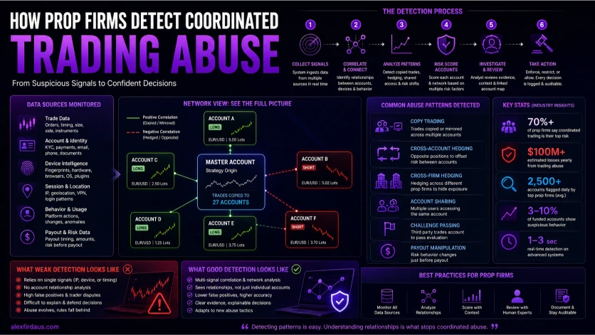 How prop firms detect coordinated trading abuse using copy trading detection, cross-account hedging analysis, device signals, payout review, and network-based risk scoring.