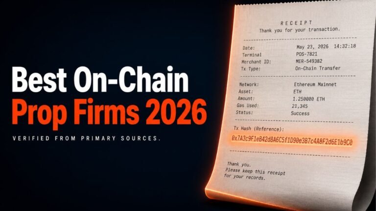 Best on-chain prop firms 2026 compared from primary sources — featured image showing a blockchain transaction hash on a thermal receipt