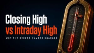 Closing high vs intraday high explained, shown as a thermometer with peak marker above the settled reading