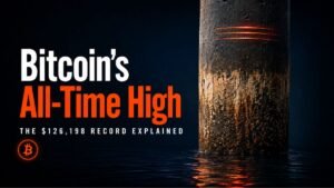 Bitcoin all-time high explained, shown as a pier piling with survey marks far above the current waterline