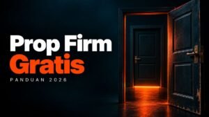 Panduan prop firm gratis 2026, digambarkan sebagai pintu terbuka yang di baliknya berdiri satu pintu tertutup lagi