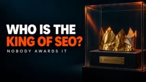 A cheap paper party crown displayed in a museum glass case with a brass King of SEO plaque