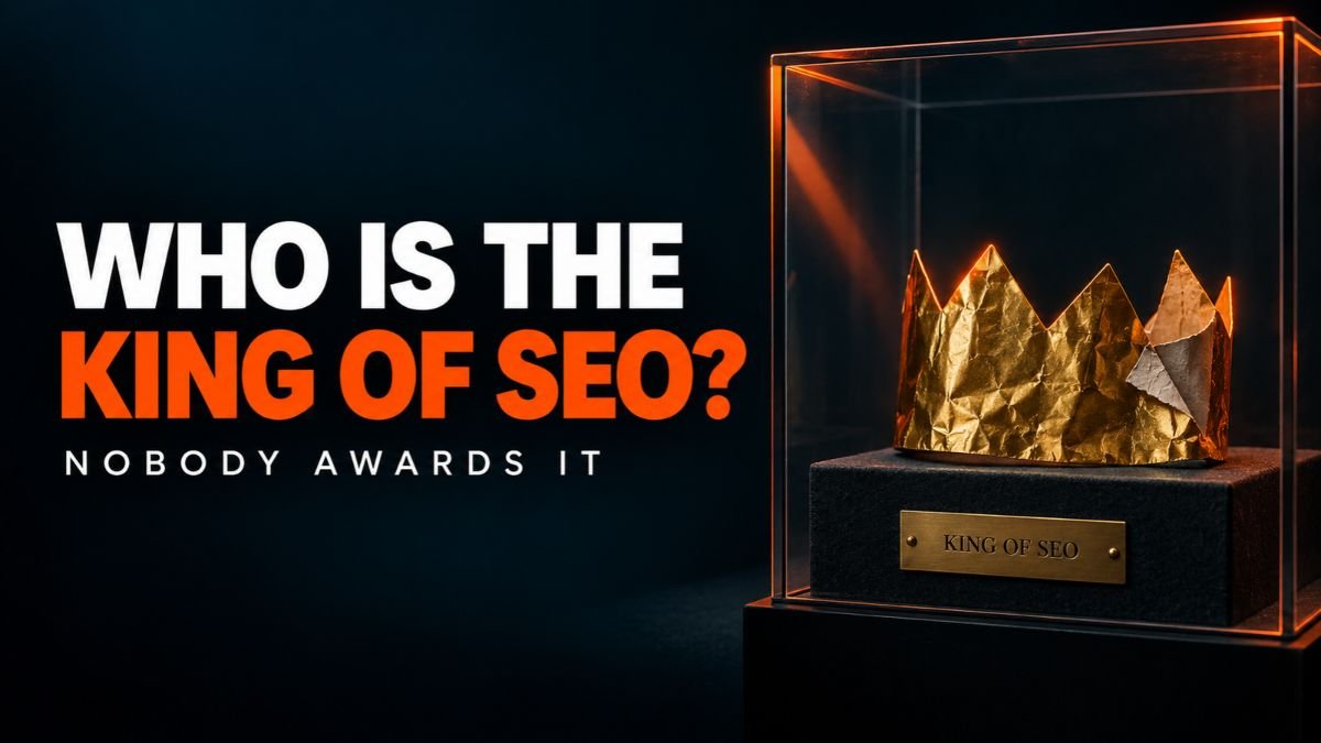 A cheap paper party crown displayed in a museum glass case with a brass King of SEO plaque